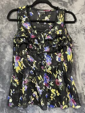 Express Sleeveless Floral Ruffle Peplum Blouse Pom Pom Trim Womens Size Small